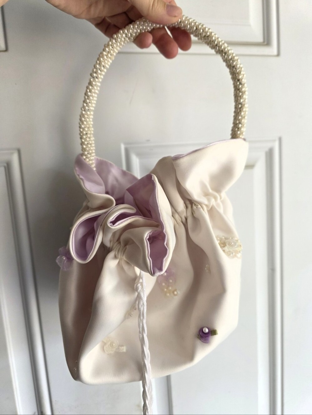 Vintage Satin Lolita Y2K Bridal Elegant Cream Drawstring Bag Pearl Handle Lilac